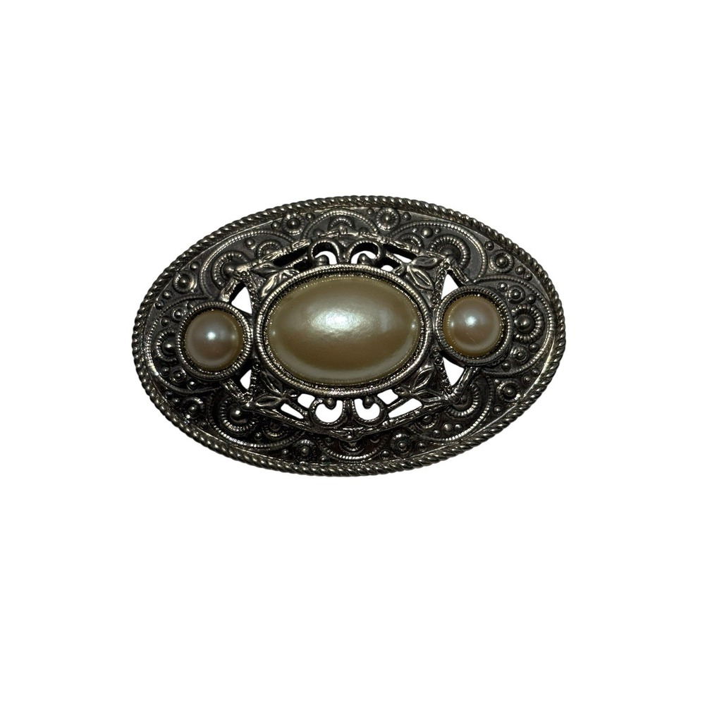 Vintage Silver Tone Openwork Filigree Faux Pearl Ornate Oval Elegant Brooch Pin